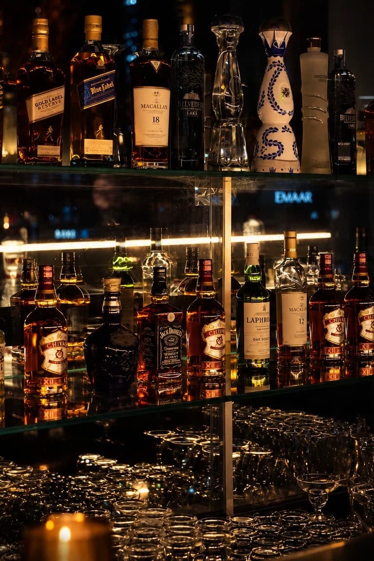 Backlit bar shelves of premium bottles above rows of glassware